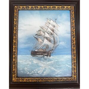 Vintage Sailing Ship Painting Framed Nautical Coastal Wall Art Decor
